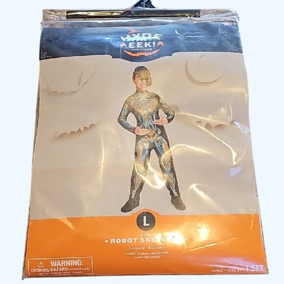 NEW Hyde & Eek Boy's Blue Gold Robot Skeleton Jumpsuit & Mask Costume L 10 - 12 - Picture 1 of 8